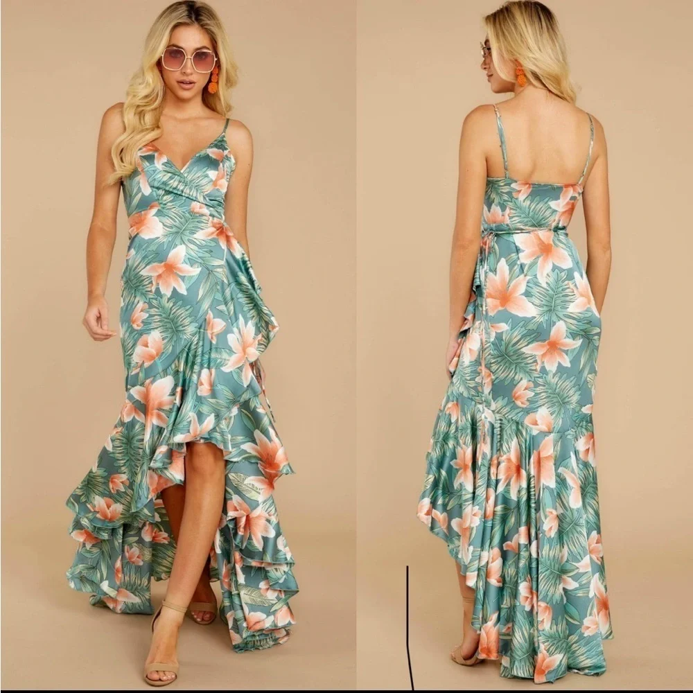 Luxxel Tropical Print Ruffle Wrap hi-low mermaid dress